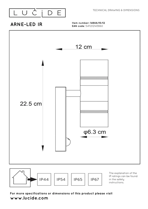 Lucide ARNE-LED IR - Wandspot / Wandlamp Binnen/Buiten - Ø 6,3 cm - LED - GU10 - 2x5W 2700K - IP44 - Beweging & dag/nacht sensor - Mat chroom - technisch